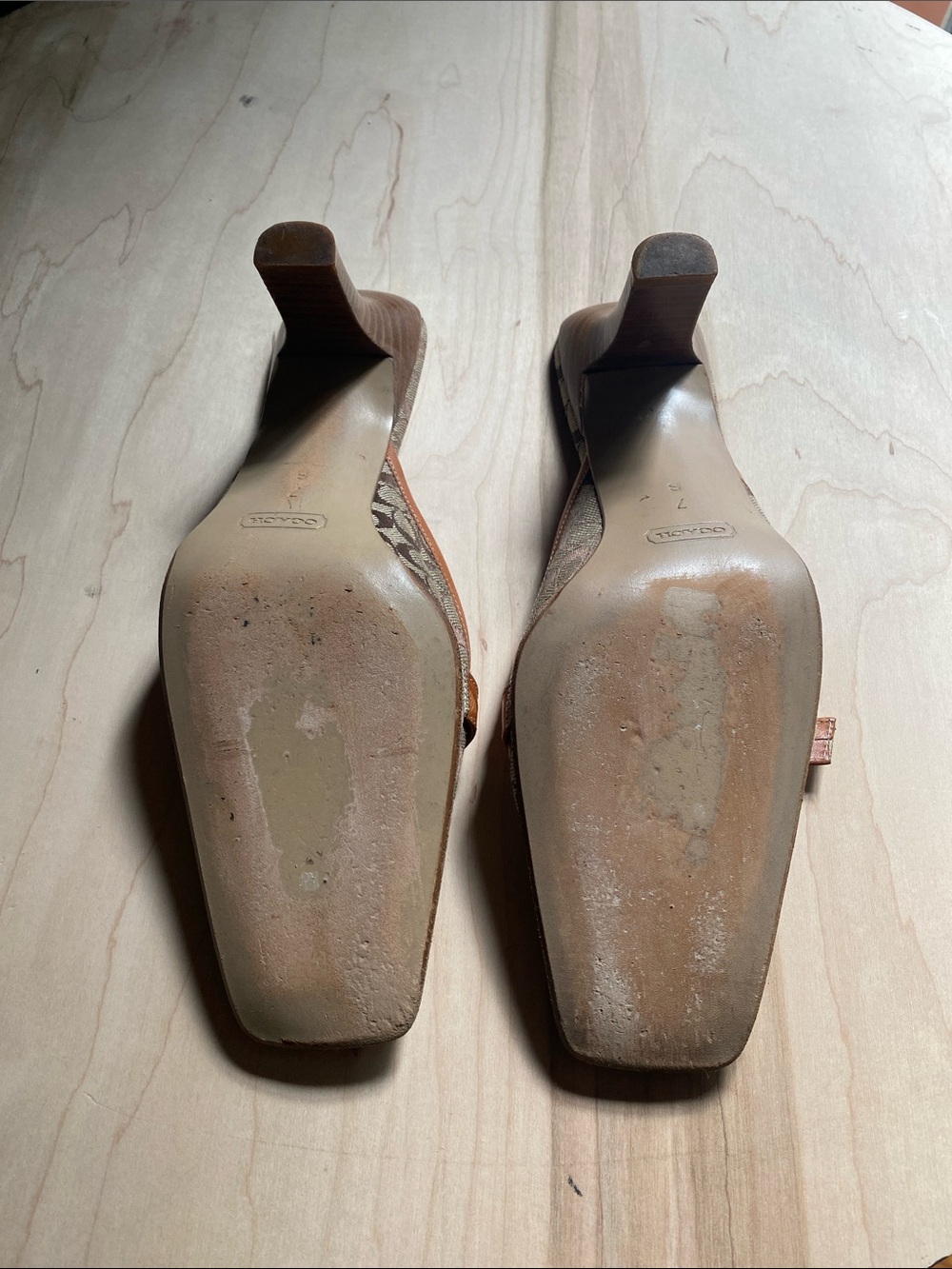 Coach Tan & Brown Signature Canvas Slide Mules with Leather Trim, 3” heel - Picture 3 of 3